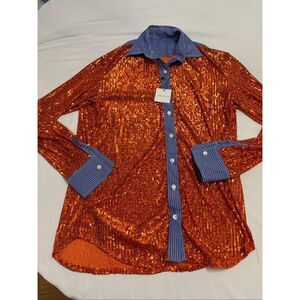 NWT Hand Over Ex Boyfriend Orange Sequin Button Up Shirt Size Small New